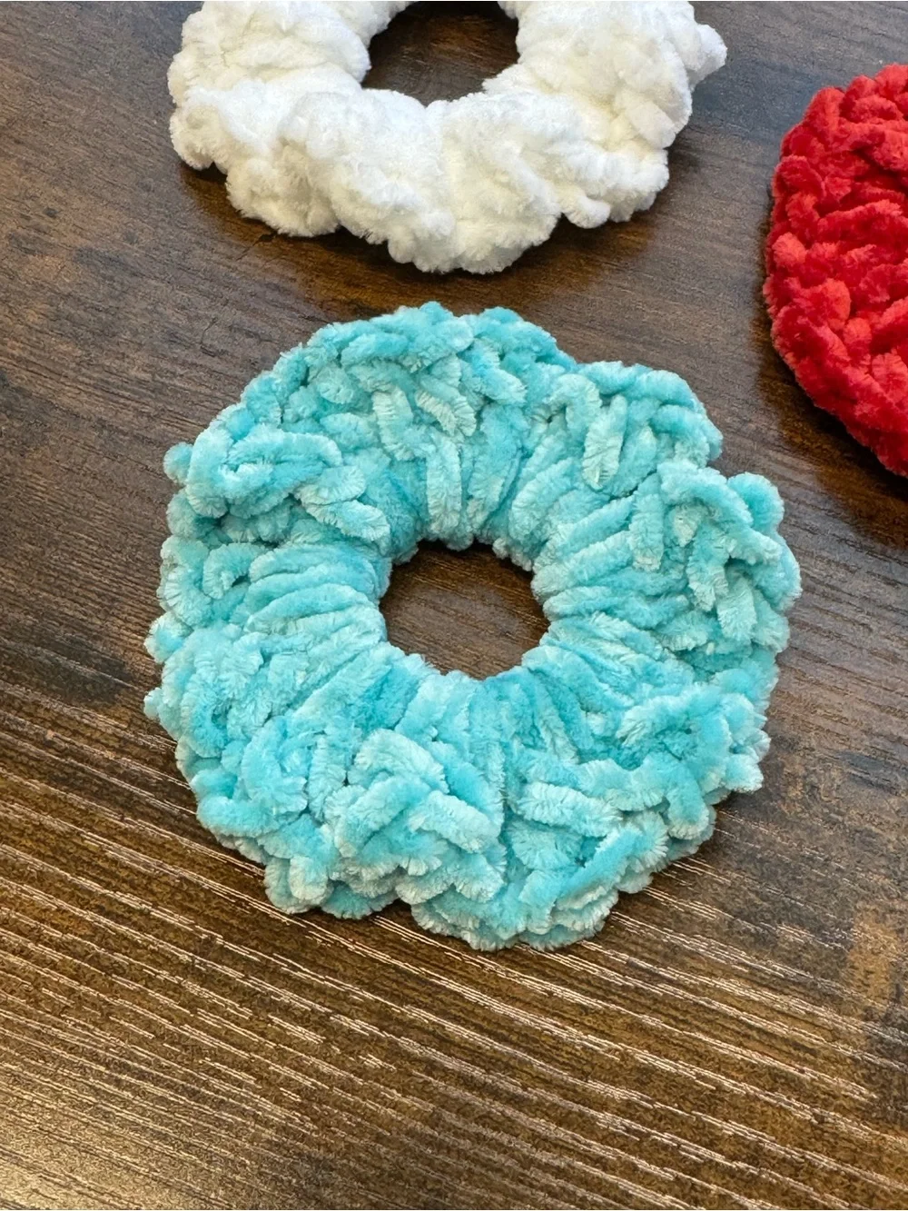 Hand Made Plush Scrunchie Trio in Teal, White, and Red